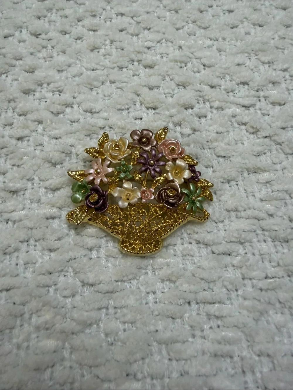 Vintage Flower Basket Brooch Pin Gold Toned